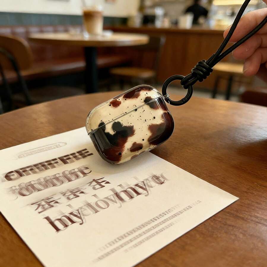 Ins Style Black & Brown Cow Print Splash Ink Semi-Transparent Earphone Case + Niche Luxury Portable Lanyard Compatible With Apple 1/2, Pro, 3, Pro 2, 4, Pro 3 Bluetooth Earphone Charging Case - Black - View 1