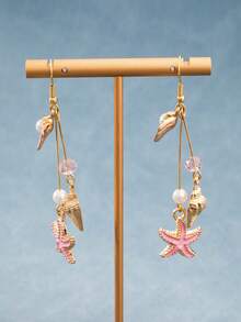 1 par de pendientes de verano minimalistas con concha de caracol y estrella de mar, pendientes de concha coloridos, ganchos de oreja con estrella de mar y borla, ganchos de oreja bohemios de concha, joyería, festival, elegante - Multicolor - Ver 3