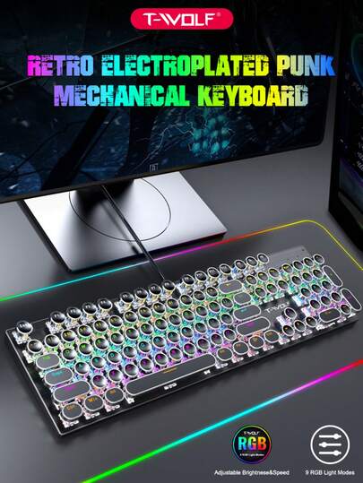 T75 Mechanical Keyboard, Backlit 104-Key Wired Gaming Keyboard With Blue Switches, RGB Lighting, Suitable For Games Like