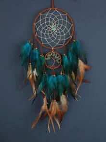 1 pieza Atrapasueños decorativo con cuentas que brillan en la oscuridad, árbol de la vida de doble anillo, estilo bohemio, decoración colgante de pared (las plumas son artificiales) - Anillos dobles luminosos - Ver 5