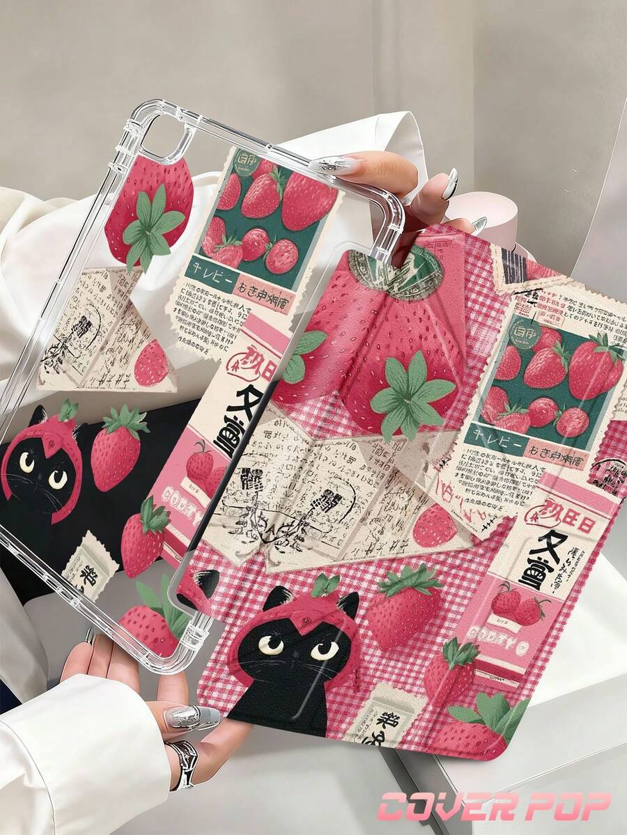 这款红色草莓黑猫拼贴图案保护套兼容 iPad Air 11 英寸 M3 2025 / M2 2024、Air 第五代 2022、(A16) 11 英寸第十一代 2025，也兼容三星 Galaxy Tab 和 Kindle Paperwhite 第十二代 2024。透明背壳，时尚图案保护套，支持自动睡眠/唤醒功能，配备气囊保护，适合作为礼物或办公用品。