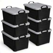6 Pack Heavy Duty Stackable Storage Bin 55 Quart Home Organizer Versatile Lightweight Locking Bins with Carrying Handles Black/Gray - Negro/gris de alta resistencia - Ver 1