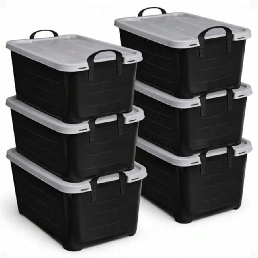 6 Pack Heavy Duty Stackable Storage Bin 55 Quart Home Organizer Versatile Lightweight Locking Bins with Carrying Handles Black/Gray - Negro/gris de alta resistencia - Ver 1