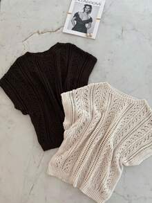 2026夏季新款镂空宽松蝙蝠袖针织罩衫，女士百搭度假沙滩装，纯亚麻V领 - 杏色 - 查看 10