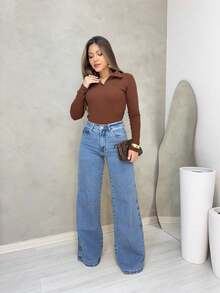 Women's Long-Sleeved Polo Shirt In Ribbed Cotton With V-Neck – Timeless Elegance And Sophisticated Comfort For Autumn/Winter - 鏽棕色 - 查看 3