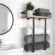 Wall-Mounted Towel Rack With Wooden Shelf Easy Installation Includes All Hardware Multi-Purpose Towel Organiser For Bathroom Kitchen Entryway Small Flat Home Daily Organisation - 黑色 - 查看 7