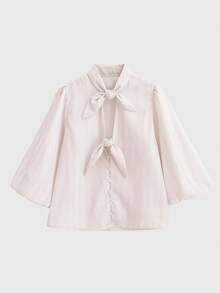 Blusa elegante de manga farol de 3/4 con cuello de corbata a rayas, diseño de doble lazo, de corte holgado, color rosa, para primavera - Rosa - Ver 7
