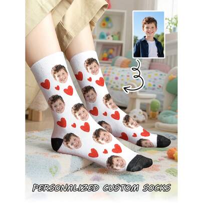 1 Pair Customizable Children's Mid-Calf Socks, Can Print Any Face Pattern On The Socks, Suitable For Boys And Girls, Personalized Photo Socks, Fun Customized Pattern Mid-Calf Socks, Suitable For Valentine's Day, Birthday, Gift