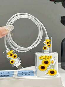 3 piezas Funda protectora suave de TPU con margaritas amarillas, compatible con el cargador Apple de 18W/20W - Multicolor - Ver 2