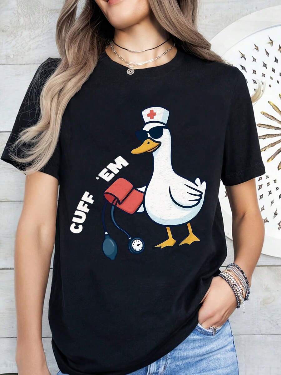 Duck Nurse Cuff Em T-Shirt Funny Medical Cartoon Animal Shirt For Women Men Unisex Casual Wear Gift Idea For Nurses Doctors Healthcare Workers Birthday Christmas Holiday Present,220g - 黑色 - 查看 1