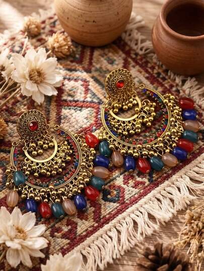 1对波西米亚风复古夸张圆形吊坠水钻珍珠耳环（珍珠颜色随机）