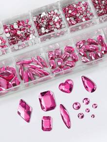 12pcs 3D Nail Art Rhinestones, Mixed Shapes & Sizes, DIY Nail Jewelry Decorations, Suitable For Women & Girls - Hot Pink - View 4