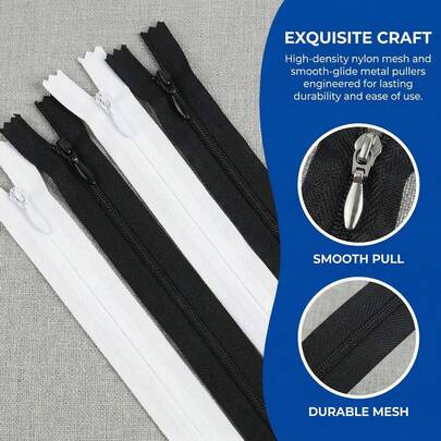 12条耐用尼龙拉链，带拉链头 - 多种尺寸和颜色（白色、黑色、棕色、藏青色），适用于缝纫、工艺品、箱包维修、服装配饰、婚纱和被套等。