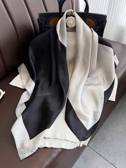 1pc Minimalist Black & White Color Block Square Scarf, Multifunctional Women's Faux Silk Scarf Shawl, Suitable For Travel, Vacation, Casual, Commuting, Collar Decoration, Fashion Handbag Decoration