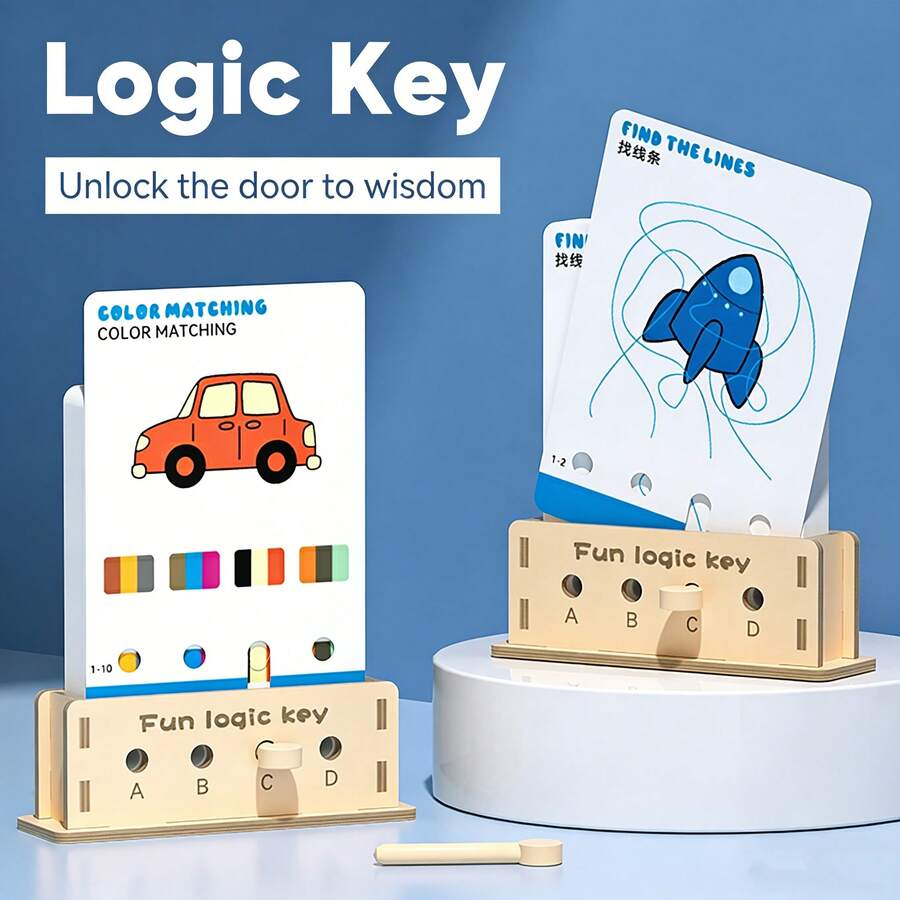 Children's Logic Thinking Key Puzzle Educational Toy, Solid Wood Base With Single-Rod Operation, Full Set Of Rich Cartoon Question Cards With Layered Progression, Complete Challenges By Matching Holes, Enhance Focus And Graphic Color Discrimination Ability Through Fun Puzzle Solving, Quiet Desktop Game For Parent-Child Interaction, Ideal Early Education Gift For Boys And Girls On New Year And Birthday - Multicolor - View 1