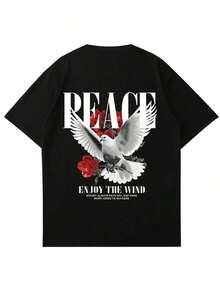 Camiseta de manga corta con cuello redondo y estampado gráfico casual para niños y adolescentes, top de verano - Negro - Ver 3