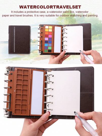 一套便携式复古皮革水彩旅行套装 - 复古皮革素描本，配有纯色水彩颜料盘，多功能户外绘画笔记本，精美文具礼品，适合艺术家和青少年，完美的毕业/返校创意礼物
