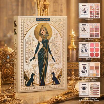 ROMCOM Bộ trang điểm 5 trong 1, bảng màu trang điểm toàn diện với phấn má hồng, phấn bắt sáng, phấn mắt và son môi, hộp đựng mỹ phẩm du lịch nhỏ gọn tiện dụng.