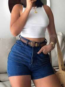 女士牛仔短裤，适合派对穿着，经典水洗蓝，直筒剪裁，舒适中等弹力面料，休闲夏季款 - 寶藍色 - 查看 2