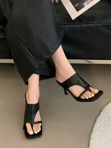 Retro Square Toe Slip-On High Heel Open Toe Sandals For Women, New Summer Outdoor Thin Heel Thong Slippers,Flip Flops - Black - View 3