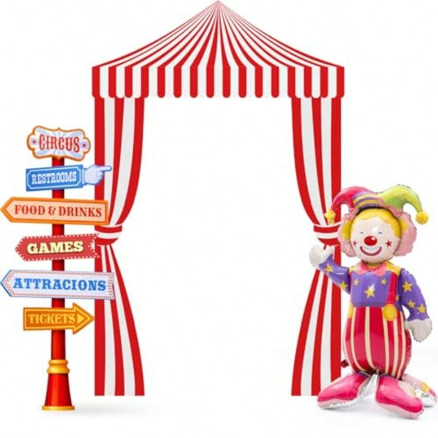 10 Pcs Carnival Party Decorations Set Circus Tents Self Standing Clown Balloons Circus Party Directional Signs Carnival Decorations For Birthday Directional Clown Trunk Or Treat Supplies - Red - View 1