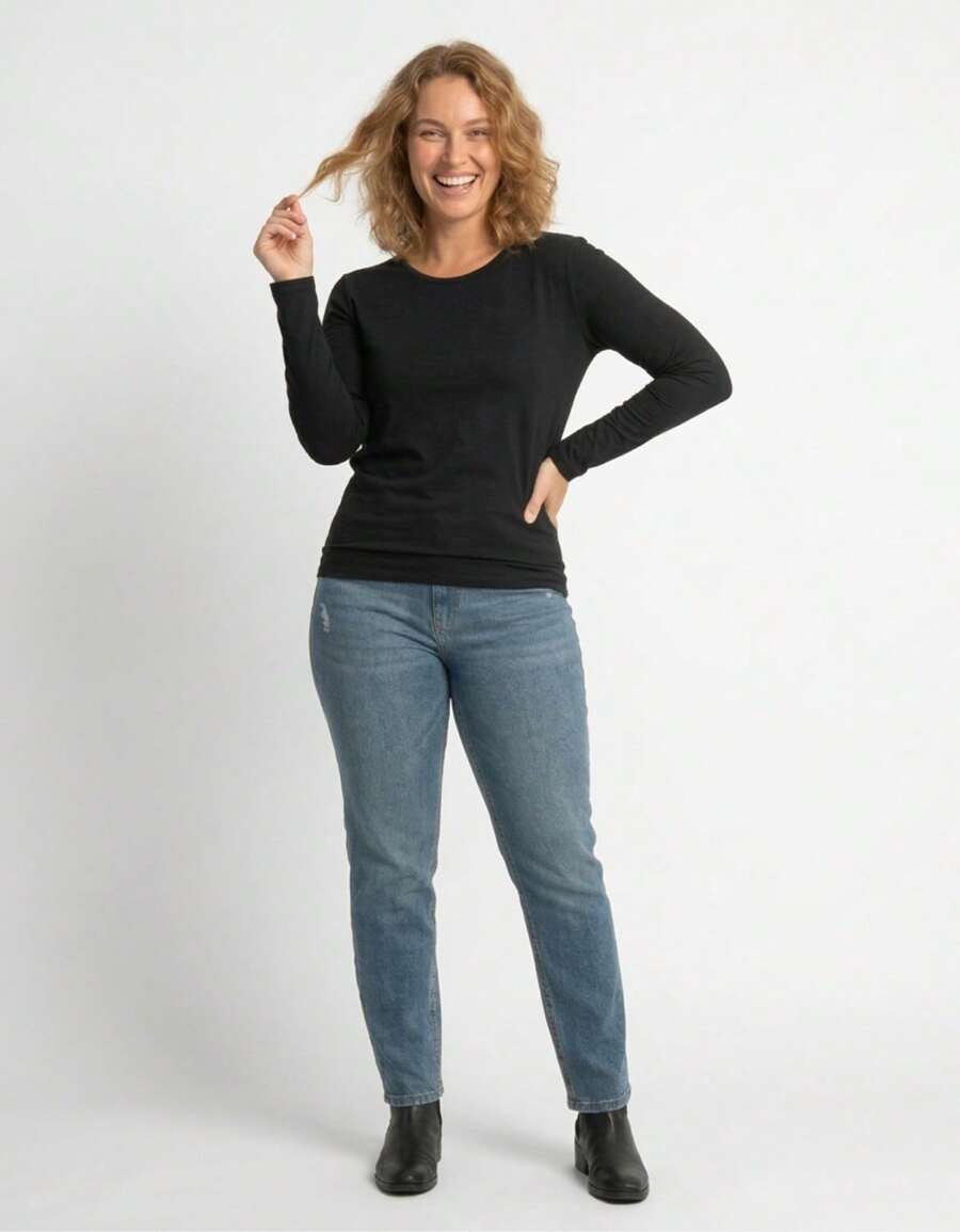 Women's Blouse Long Sleeve Cotton Shirt Fafenix Round Neck - 黑色 - 查看 1