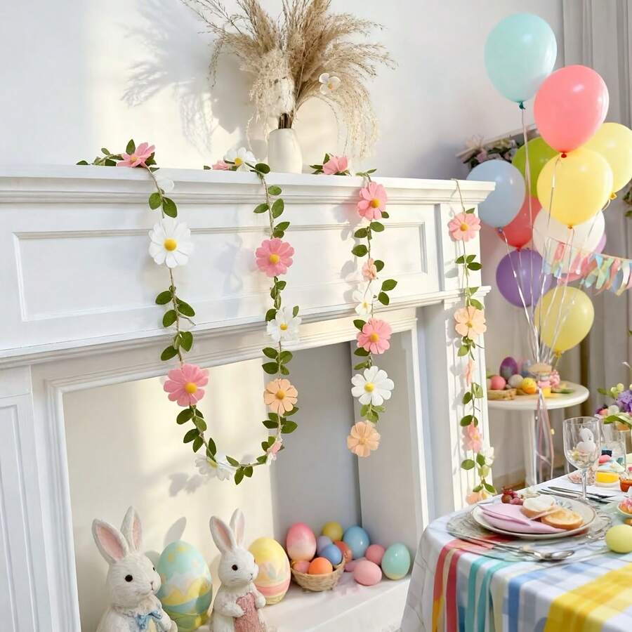 1pc Pink, Ivory White And Wheat Color Felt Daisy Garland Decoration - 2 Fashion/Wild Party Accessories - Jungle Party Decor - Daisy Wall Decoration - Multicolor - View 1