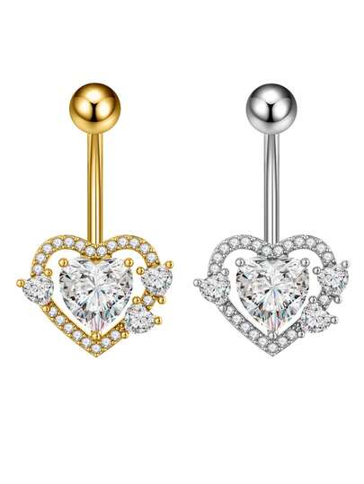 1 pieza Anillo de ombligo de acero inoxidable con corazón de strass, joyería de Body de mujer de moda y lujosa