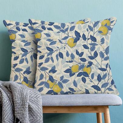 Fundas de almohada con hojas y flores azules vintage, set de 2 fundas de almohada con limones y flores de primavera y verano para uso en exteriores