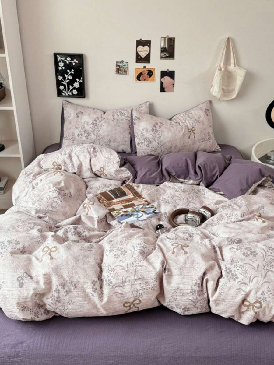4pcs Butterfly & Wheat Floral Duvet Cover Set (1*Duvet Cover + 1*Flat Sheet + 2*Pillowcases), Ink Butterfly Print, Lavender Leaf Pattern, Luxurious Retro Style, Solid Color Sheet, Active Dyeing Process, With Tie Corners And Zipper Design, Versatile, Soft Texture, Machine Washable, Duvet Cover & Pillowcases Without Filler, Back To School - Purple - View 1