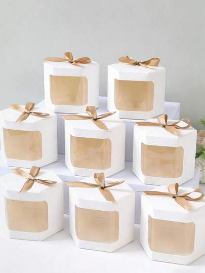 5/10个装白色包装盒，带丝带蝴蝶结，派对蛋糕盒，烘焙包装盒，礼品包装用品，纸杯蛋糕盒，糖果盒，生日派对用品，生日礼物盒，生日礼物，派对回礼盒，婚礼装饰，婚礼礼物盒，婴儿派对装饰，新娘派对装饰，性别揭晓派对，家庭生日装饰