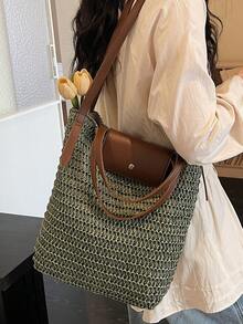 Minimalist Large Capacity Tote Bag, Rainbow Shoulder Bag - Green - View 3