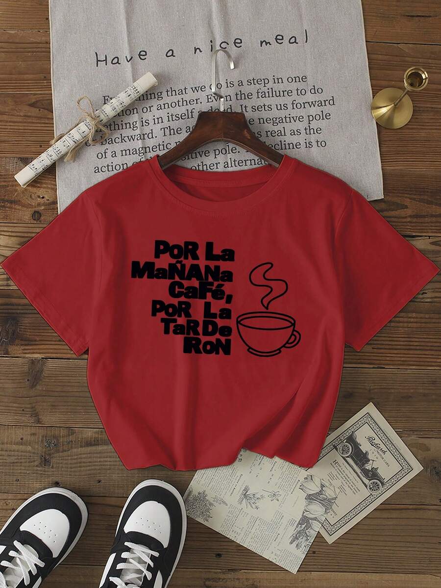 Summer Casual Letter Print Short Sleeve T-Shirt Red - Red - View 1