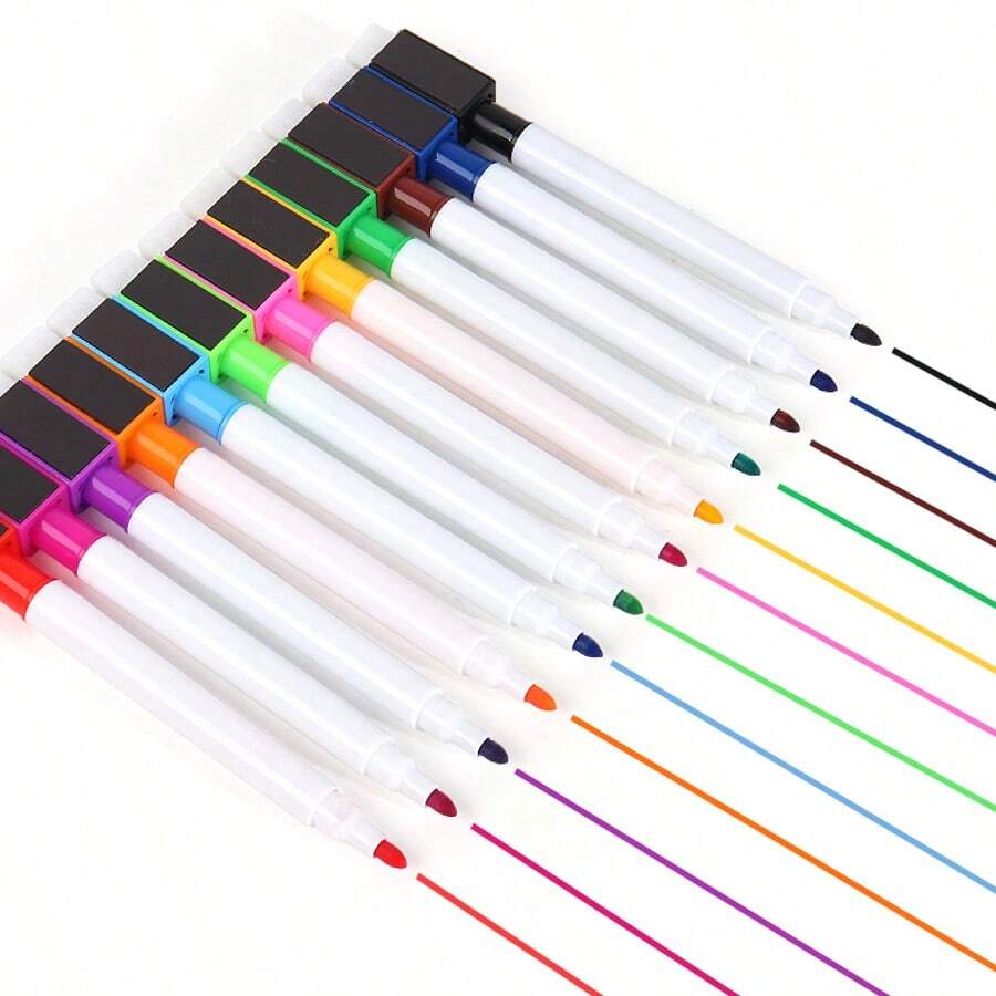 12-Color Whiteboard Markers Set With Erasers And Magnets, Cone Tip, Quick Drying, Waterproof, For Office Use