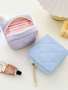 1pc Square Mini Makeup Bag, Quilted Plaid Padding, Soft & Fluffy Pouch, Small Cosmetic Bag, Sanitary Pad/Jewelry Storage Pouch, Key Holder, Coin Purse, Portable Travel Organizer, Multi-Purpose Daily Essentials Organizer - Multicolor - View 6