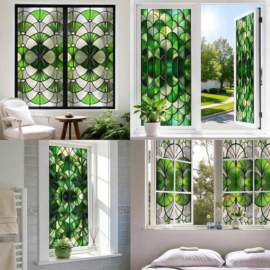 1pc Green Geometric Fan-Shaped Glass Window Film, Removable Vinyl Static Cling Decal. Provides High Privacy Protection, Suitable For Home, Office, Bathroom And Bedroom Decor. Features UV-Blocking And Frosted Effect. - Multicolor - View 1