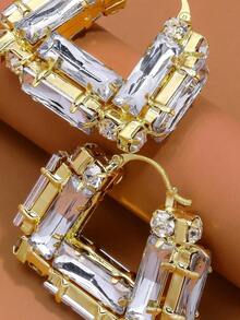1 Pair Oversized Square CZ Crystal Hoop Earrings, Sparkling Geometric Statement Jewelry Earrings For Women, Wedding Party Gift - Gold - View 4