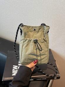 男士抽绳水桶斜挎包，尼龙迷你单肩包，编织肩带，休闲简约日常单肩包 - 彩色 - 查看 13