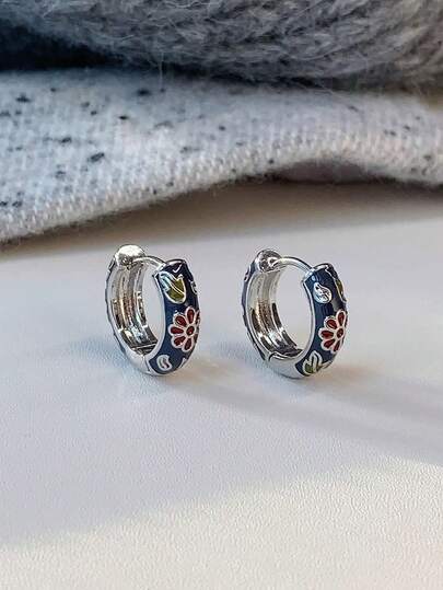 1 par de pendientes de aro de cobre únicos y elegantes con diseño floral esmaltado, adecuados para fiestas, uso diario y reuniones