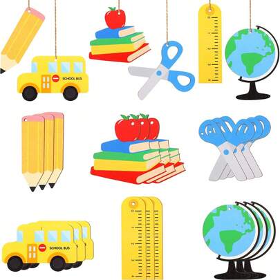18/12/6pcs Back To School Hanging Decor, Wooden Classroom Decorations Including Chalkboard, Pencil, Welcome Back To School For Classroom Party, First Day Of School Wooden Decor With Hole On Top For Easy Hanging On Hook (Hook Not Included), Decorate Your Bedroom, Living Room In A Simple Way