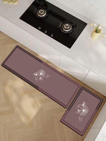 1pc Silicone Foam Kitchen Mat, Soft Beige Purple Base Color With Double-Layer Trim, Delicate White Ginkgo Leaf Pattern, Elegant New Chinese Style, Luxury Fashion, Cushioned Anti-Fatigue Kitchen Carpet, Surface Fabric, Middle Sponge Absorbent, Bottom Rubber Non-Slip