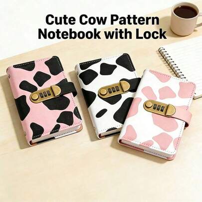 1 pièce Portefeuille-livre d'épargne mignon à motif de vache avec serrure à code, organisateur d'épargne en cuir PU, cahier de rangement portable pour billets de banque avec pochettes transparentes en PP, tracker de budget quotidien esthétique pour les voyages et la gestion de l'argent