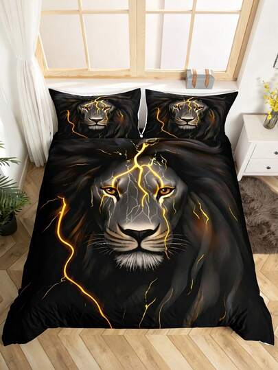 2/3件套闪电狮丛林之王金色闪电床上用品套装（1个被套+1/2个枕套，不含枕芯），神话闪电狮床上用品套装，柔软温暖舒适的床上用品套装，适用于卧室、客房、宿舍装饰