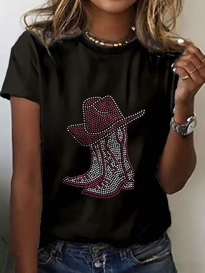 100% Cotton Women's Cowboy Boots & Hat Monogram Print T-Shirt - Western Style Short Sleeve Top Suitable For Spring Summer Fall Casual Wear, Cowboy-Themed Events & Daily Outfits - Non- Round Neck Blouse For Women