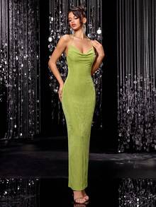 Solid Color Shoulder Knit Backless Fitted Cocktail Dress, Evening Gown, Suitable For Formal Dinners, Parties, Vacations And Other Occasions Party Spring Wedding - Green - View 2
