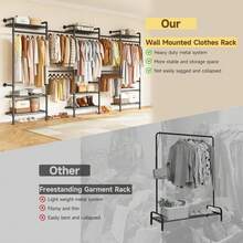 ONBRILL L5 Wall Mounted Closet System, Adjustable Industrial Pipe Clothes Rack Clothing Racks With 4 Telescopic Rods & 3 Fixing Rods & 9 Shelves, Heavy Duty Closet Organizers And Storage For Hanging Clothes, Black - L5 Black - 查看 8