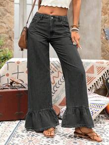 Ruffle Hem Wide Leg Jeans, Relaxed Loose Comfortable Blue Denim Pants, Vacation Style, Suitable For Casual Outings, Travel In Spring, Summer, Autumn And Winter Black - Black - View 7