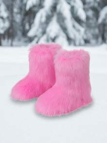 Womens Faux Fur Snow Boots Round Toe Non Slip Fuzzy Fluffy Mid Calf Warm Winter Boot For Ladies Goth Y2K Slip On Party Shoes Casual Dressy Wedding Riding Fashion Dressy Short Indoor Outdoor Boots For Women - Hồng - Xem 7