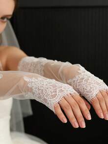 1 Paar elegante lange fingerlose Spitzenhandschuhe für Damen, geeignet für Hochzeit, Braut, Abendkleid Accessoires - Weiss - Übersicht 9
