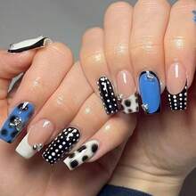 24片装长方形亚克力美甲礼盒，春夏小众独特牛奶质感美甲，黑白波点法式边饰搭配金属珠，甜美酷炫的Y2K风格，可拆卸可重复使用，适合女孩、女士在节日、派对和日常佩戴。百搭风格，可搭配任何服饰。内含：假指甲、果冻胶、指甲锉各一把。 - 彩色 - 查看 8